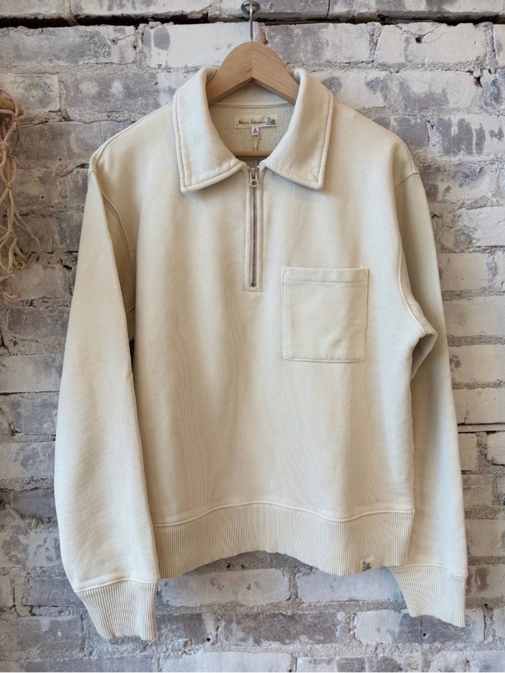 Men's Cream Half-Zip Polo Sweatshirt with Chest Pocket
